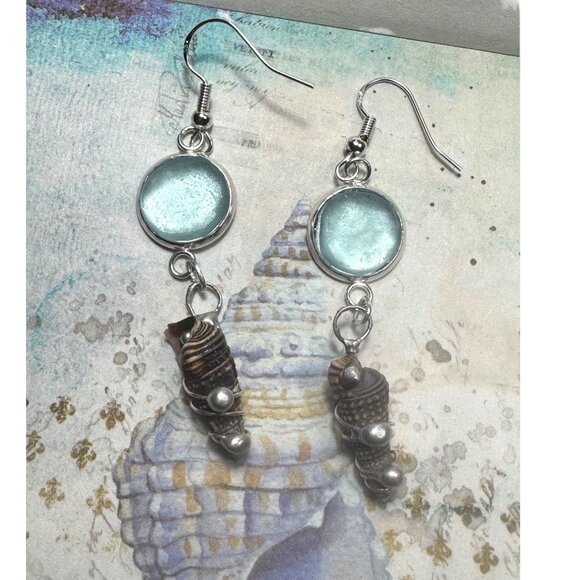 Artisan Aqua Sea Glass & Conch Shell Dangle Earrings with 925 Hooks - Picture 4 of 12